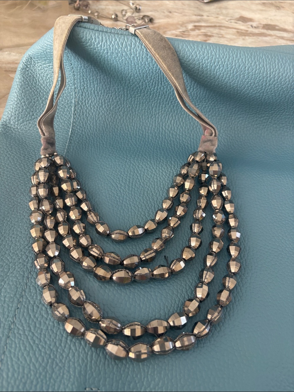 Chico's Multi-Strand Faceted Hematite Bead Necklace with Grey  Strap
